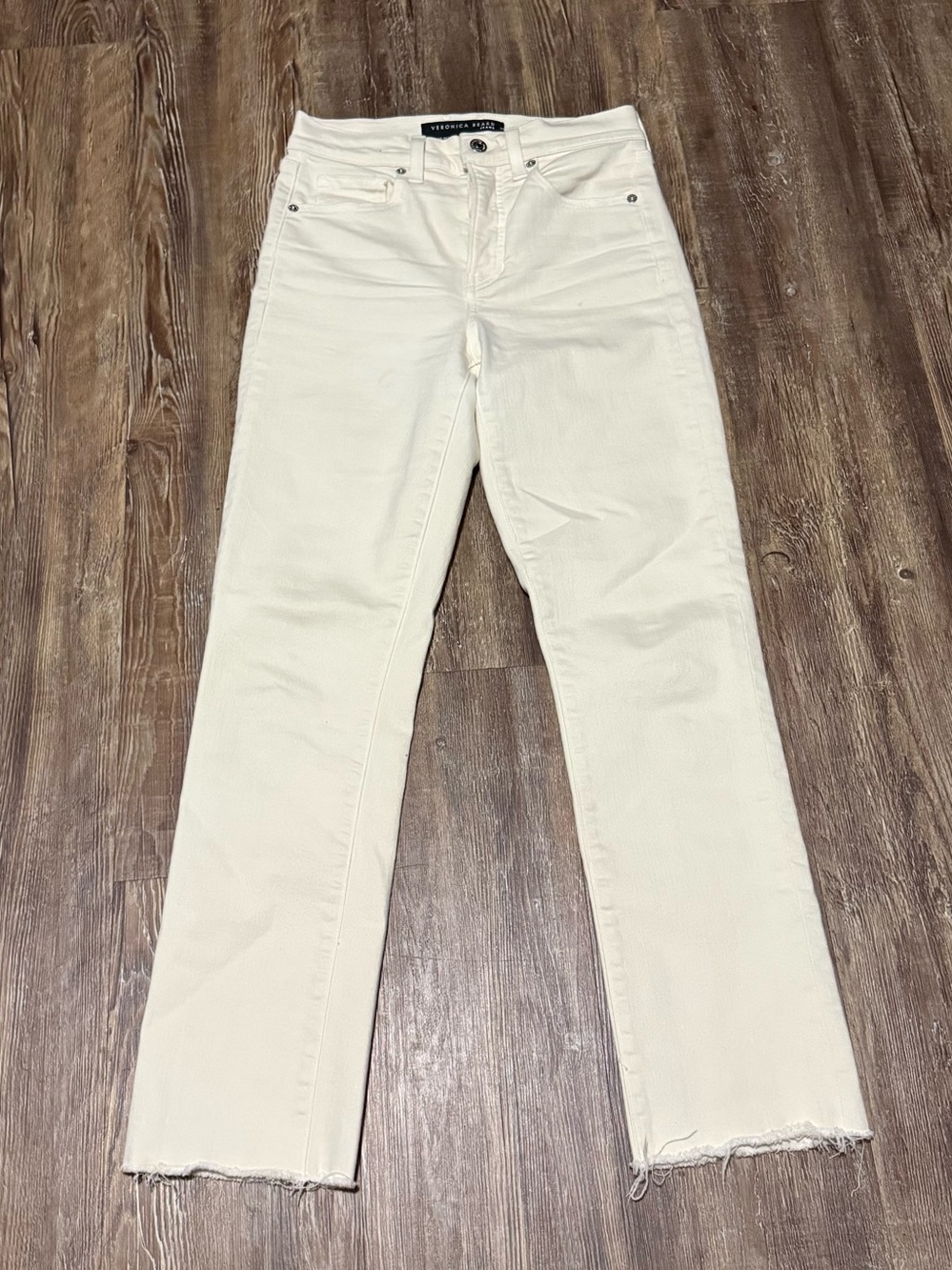 Veronica Beard Ryleigh Slim Straight Jeans Women's 25 High Rise in Ecru Frayed